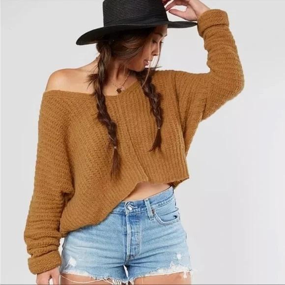 Free People Moonbeam VNeck Alpaca Wool Baggy Sweater Mustard XL Pullover Relaxed - Picture 1 of 9